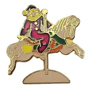 Vintage Enamel Carousel Horse Pin Clown Pierrot Rider | Gold Tone Lapel Hat Pin